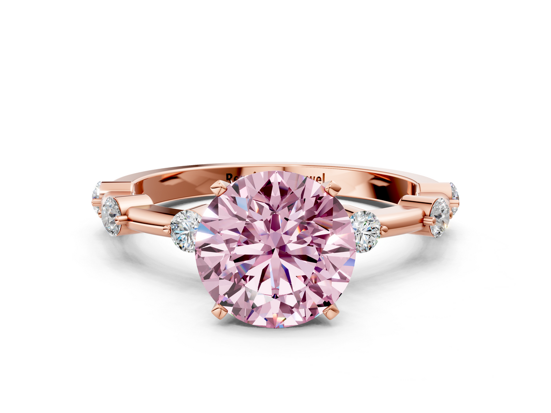 Rose gold Fancy Pink Round  Solitaire Diamond Ring with Bezel Set Side Stones and Prong Setting