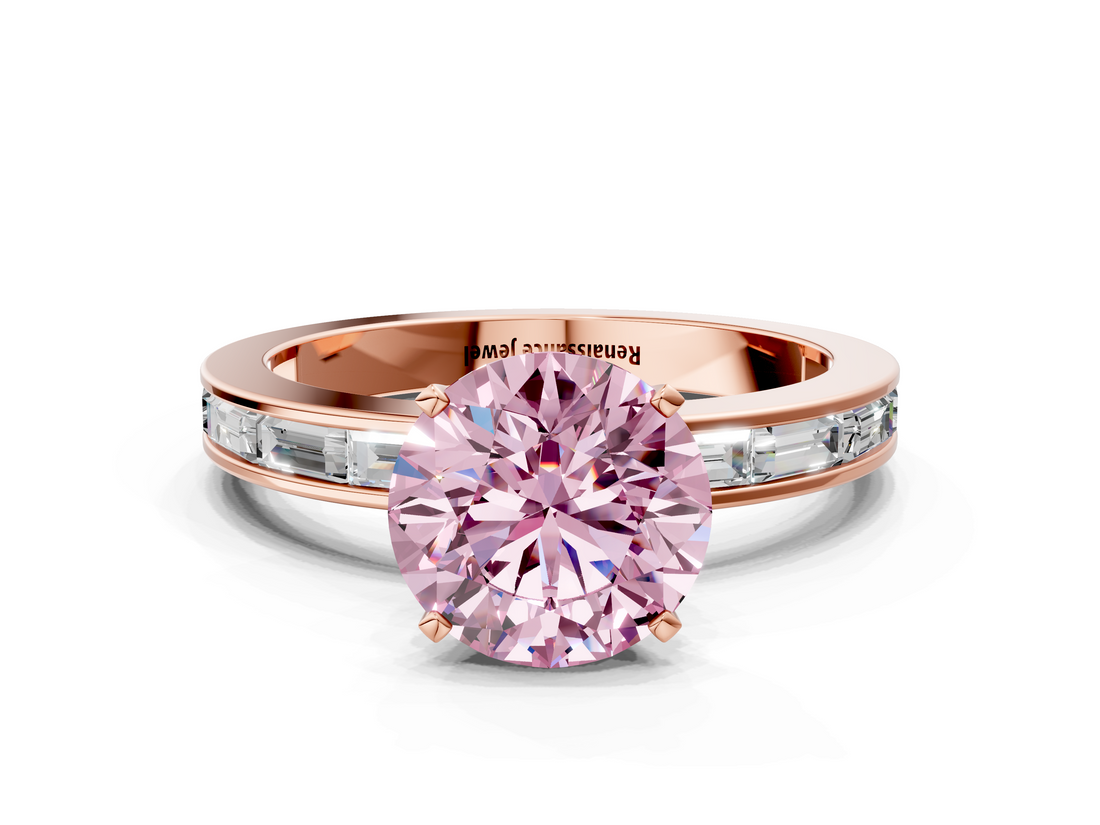 Rose gold Fancy Pink Round  Solitaire Diamond Ring with Channel-Set Baguette Band and Four-Prong Setting