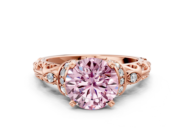 Rose gold Fancy Pink Round Cut Diamond Solitaire Ring with Filigree Band and Four-Prong Setting