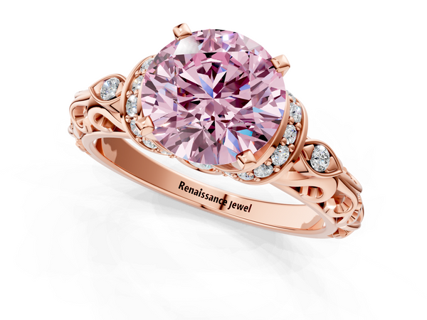 Rose gold Fancy Pink Round Cut Diamond Solitaire Ring with Filigree Band and Four-Prong Setting