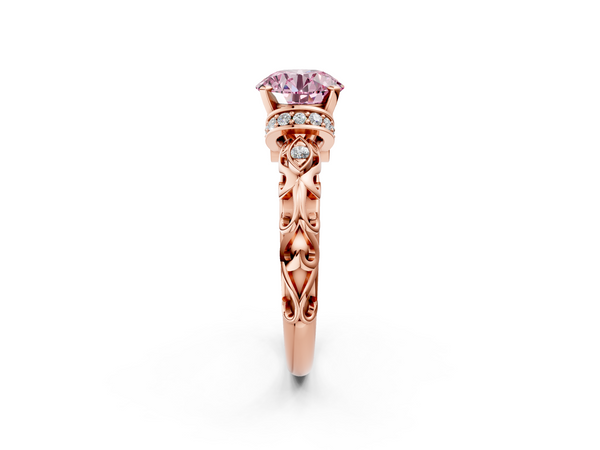 Rose gold Fancy Pink Round Cut Diamond Solitaire Ring with Filigree Band and Four-Prong Setting