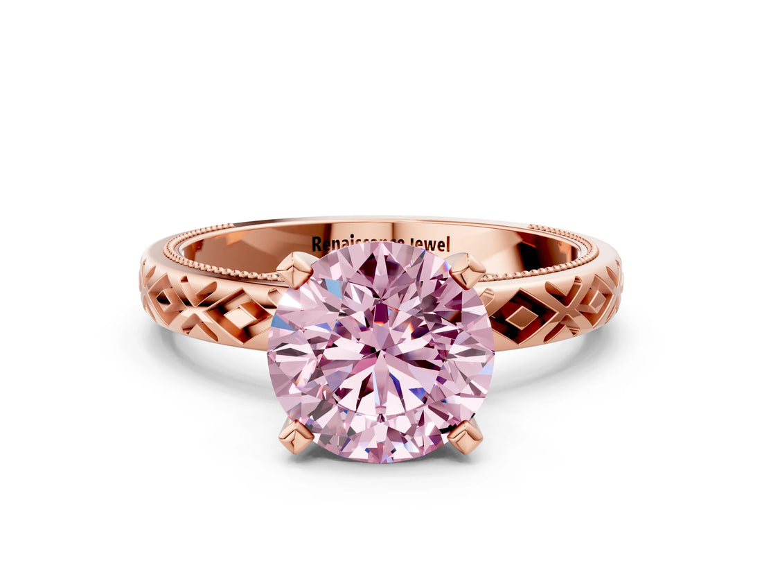 Rose gold Fancy Pink Round  Solitaire Diamond Ring with Milgrain and Black Enamel X Pattern Band_29