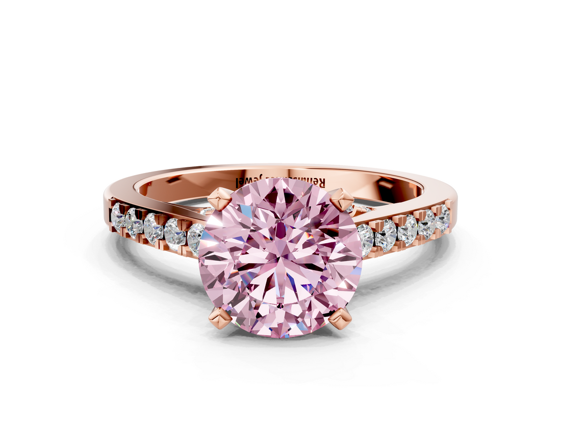 Rose gold Fancy Pink Round  Solitaire Diamond Ring with Pavé Band and Four-Prong Setting