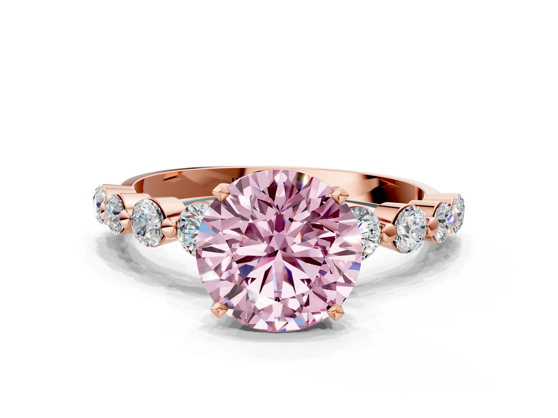 Rose gold Fancy Pink Round  Solitaire Diamond Ring with Pave Band and Four-Prong Setting
