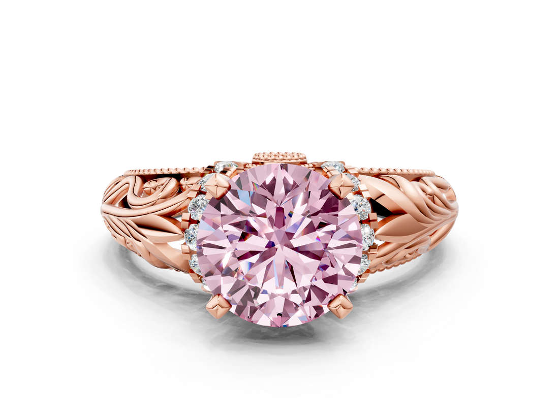 Rose gold Fancy Pink Round  Solitaire Filigree Engagement Ring with Halo and Prong Setting