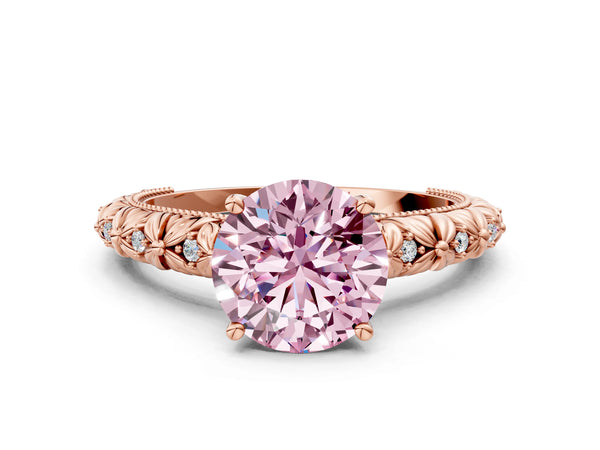 Rose gold Fancy Pink Round  Solitaire Floral Milgrain Engagement Ring