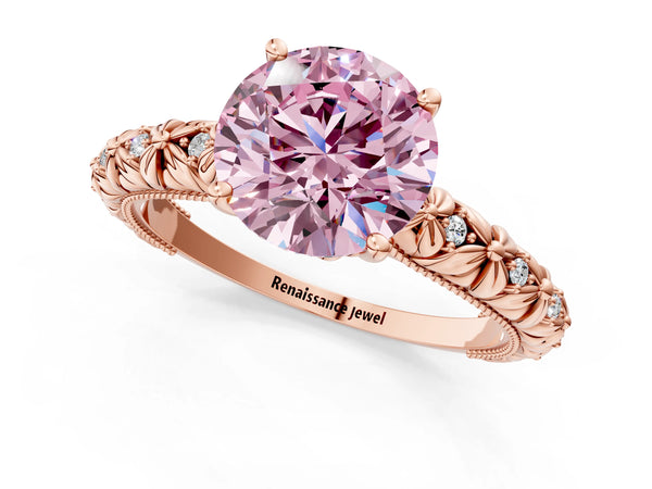 Rose gold Fancy Pink Round  Solitaire Floral Milgrain Engagement Ring