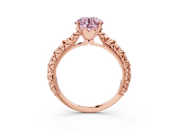 Rose gold Fancy Pink Round  Solitaire Floral Milgrain Engagement Ring