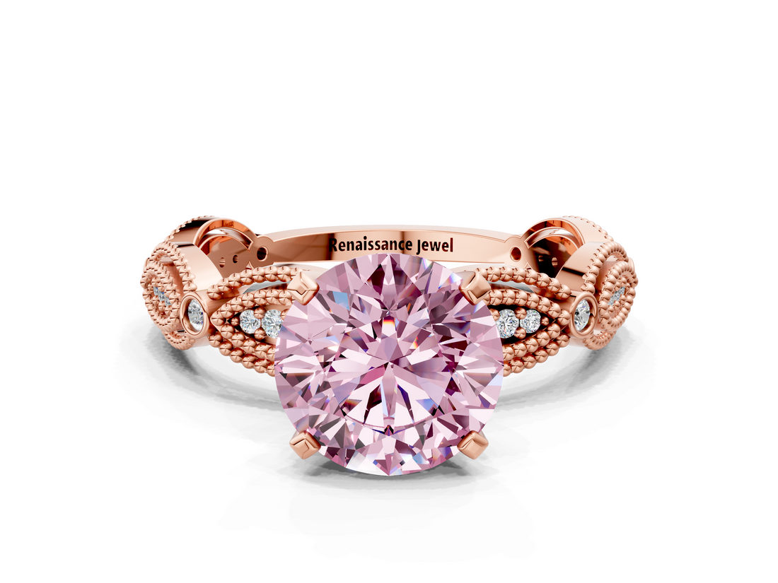 Rose gold Fancy Pink Round  Solitaire Milgrain Diamond Engagement Ring with Bezel and Marquise Band