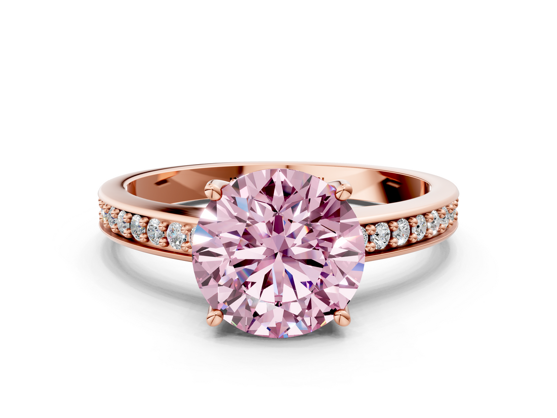 Rose gold Fancy Pink Round  Solitaire Pavé Band Prong Setting Ring