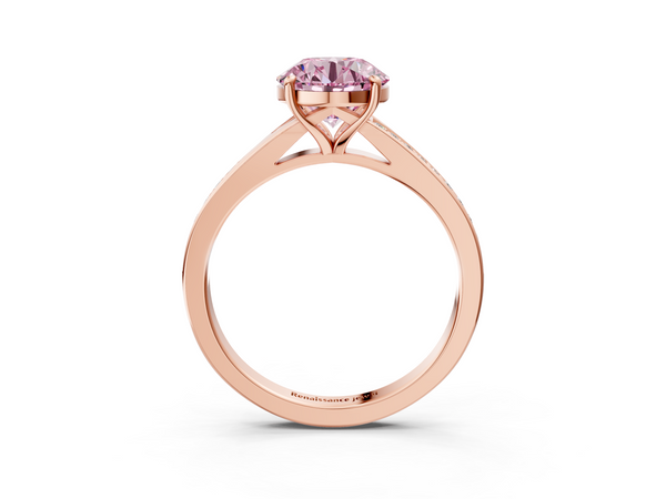 Rose gold Fancy Pink Round Cut Diamond Solitaire Ring with Pavé Band and Prong Setting