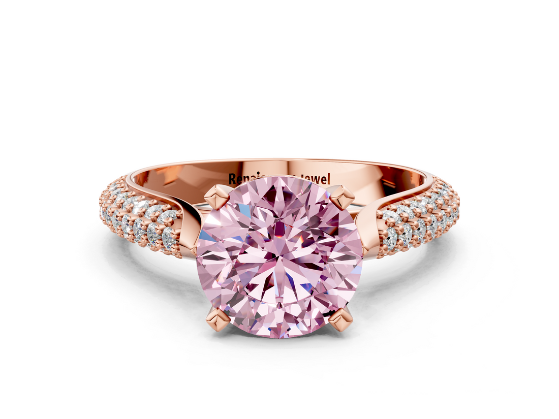 Rose gold Fancy Pink Round  Solitaire Pavé Diamond Engagement Ring with Four-Prong Setting