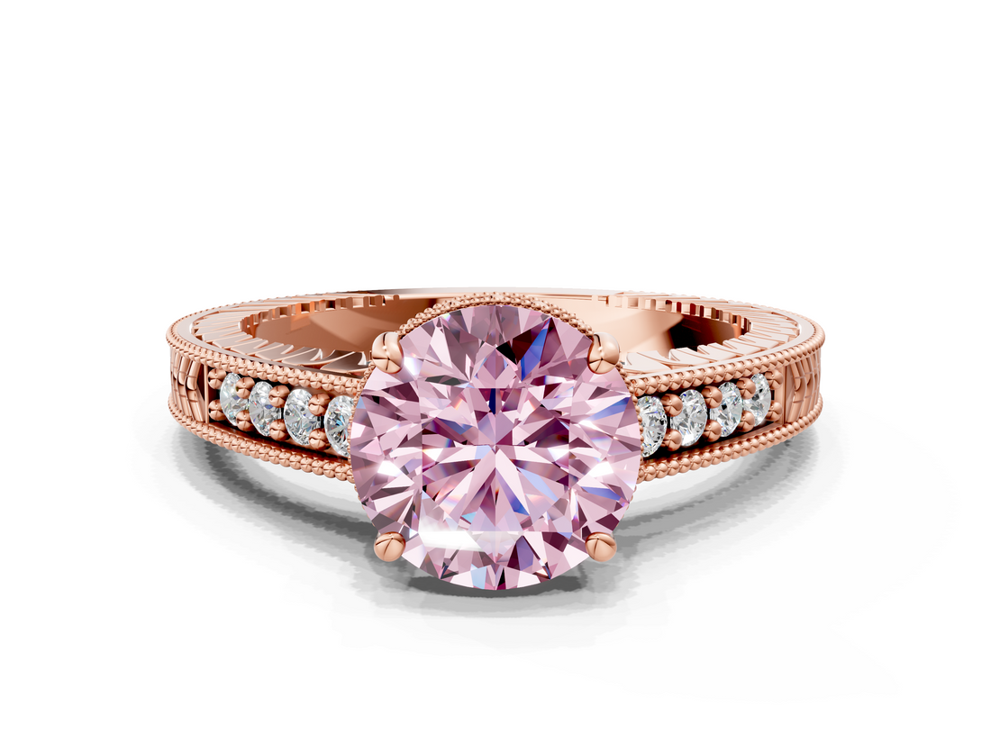 Rose gold Fancy Pink Round  Solitaire Pavé Diamond Milgrain Engagement Ring with Four-Prong Setting