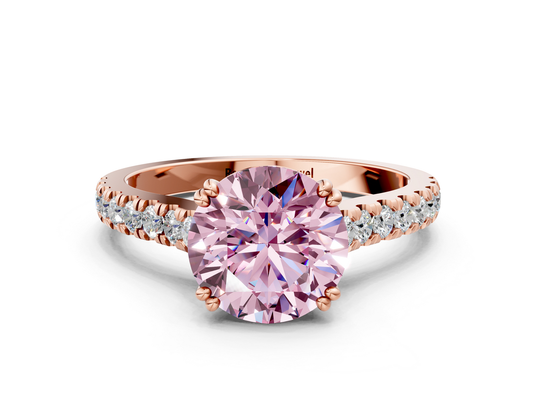 Rose gold Fancy Pink Round  Solitaire Pave Diamond Engagement Ring with Prong Setting