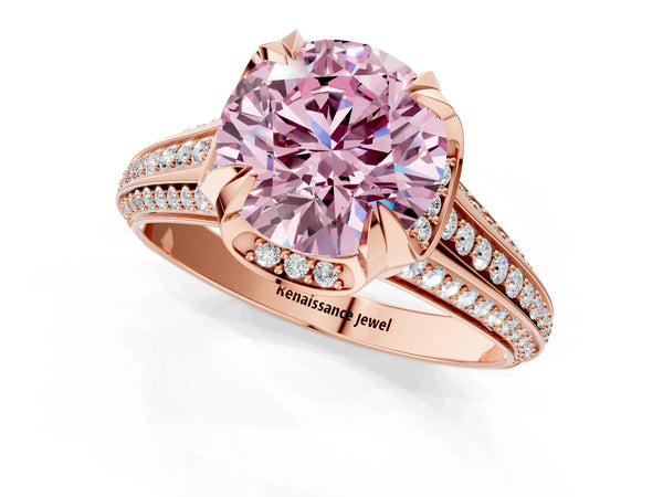 Rose gold Fancy Pink Round  Solitaire Pave Split Shank Ring with Four-Prong Setting
