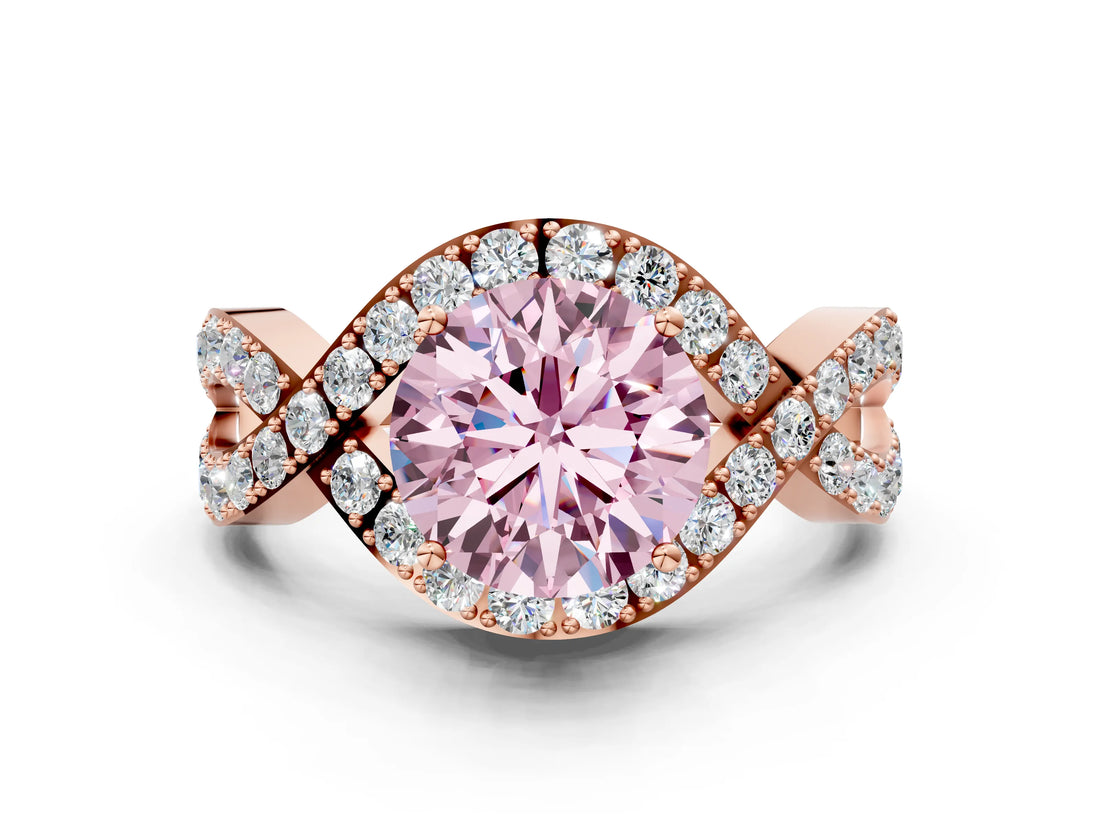Rose gold Fancy Pink Round  Solitaire Twist Band Pavé Diamond Engagement Ring_97