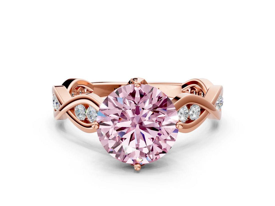 Rose gold Fancy Pink Round  Solitaire Twist Band with Leaf Prong Setting 1