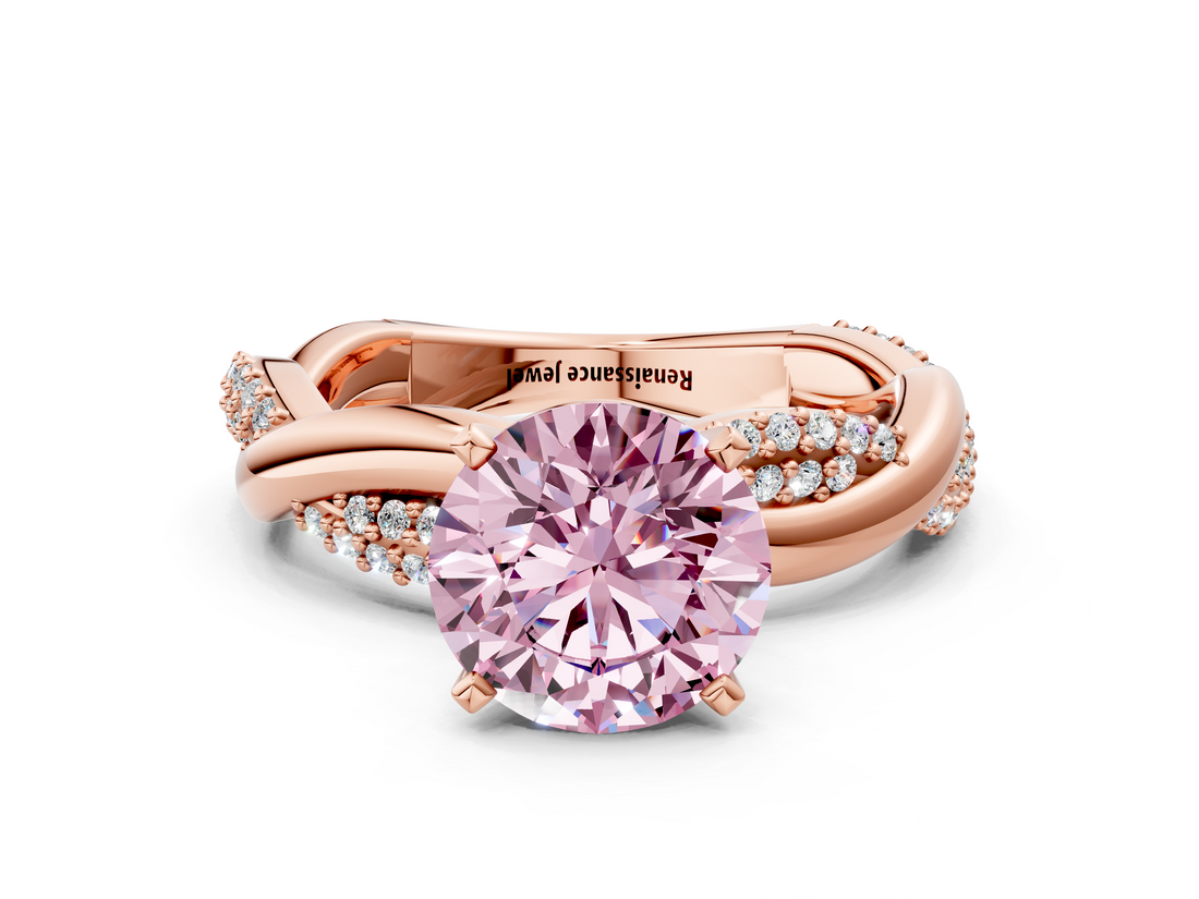 Rose gold Fancy Pink Round  Solitaire Twist Band with Pave Prong Setting