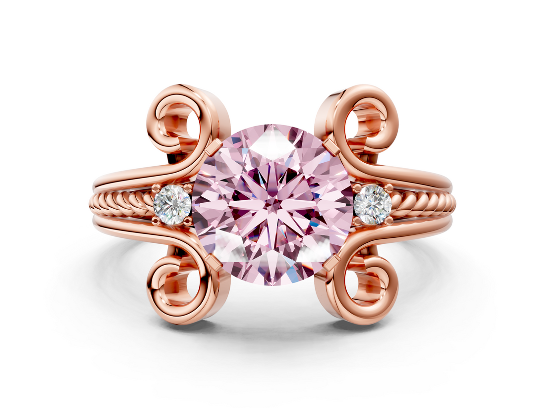 Rose gold Fancy Pink Round  Solitaire Twisted Band Scroll Prong Ring_3