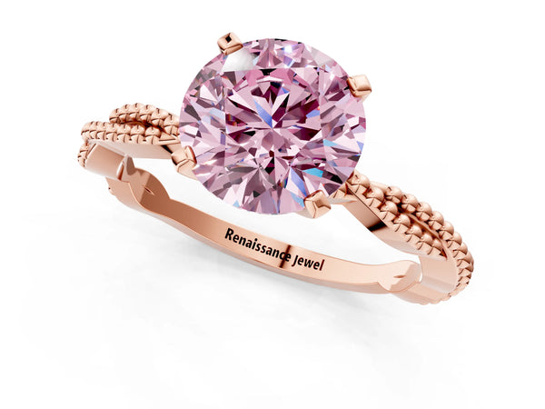 Rose gold Fancy Pink Round  Solitaire Twisted Band with Bead Prong Setting