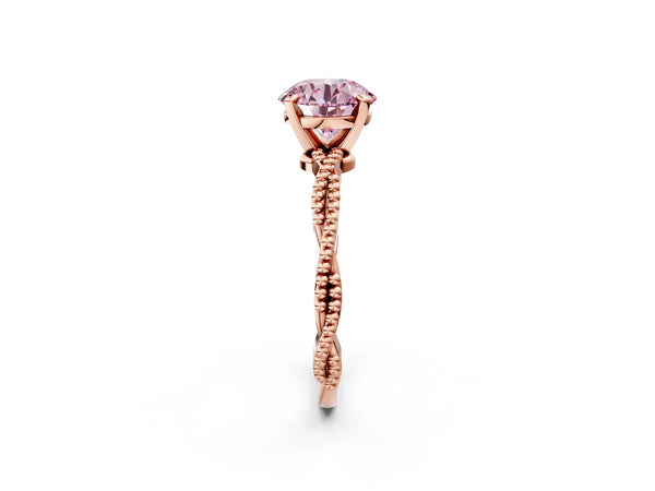 Rose gold Fancy Pink Round  Solitaire Twisted Band with Bead Prong Setting