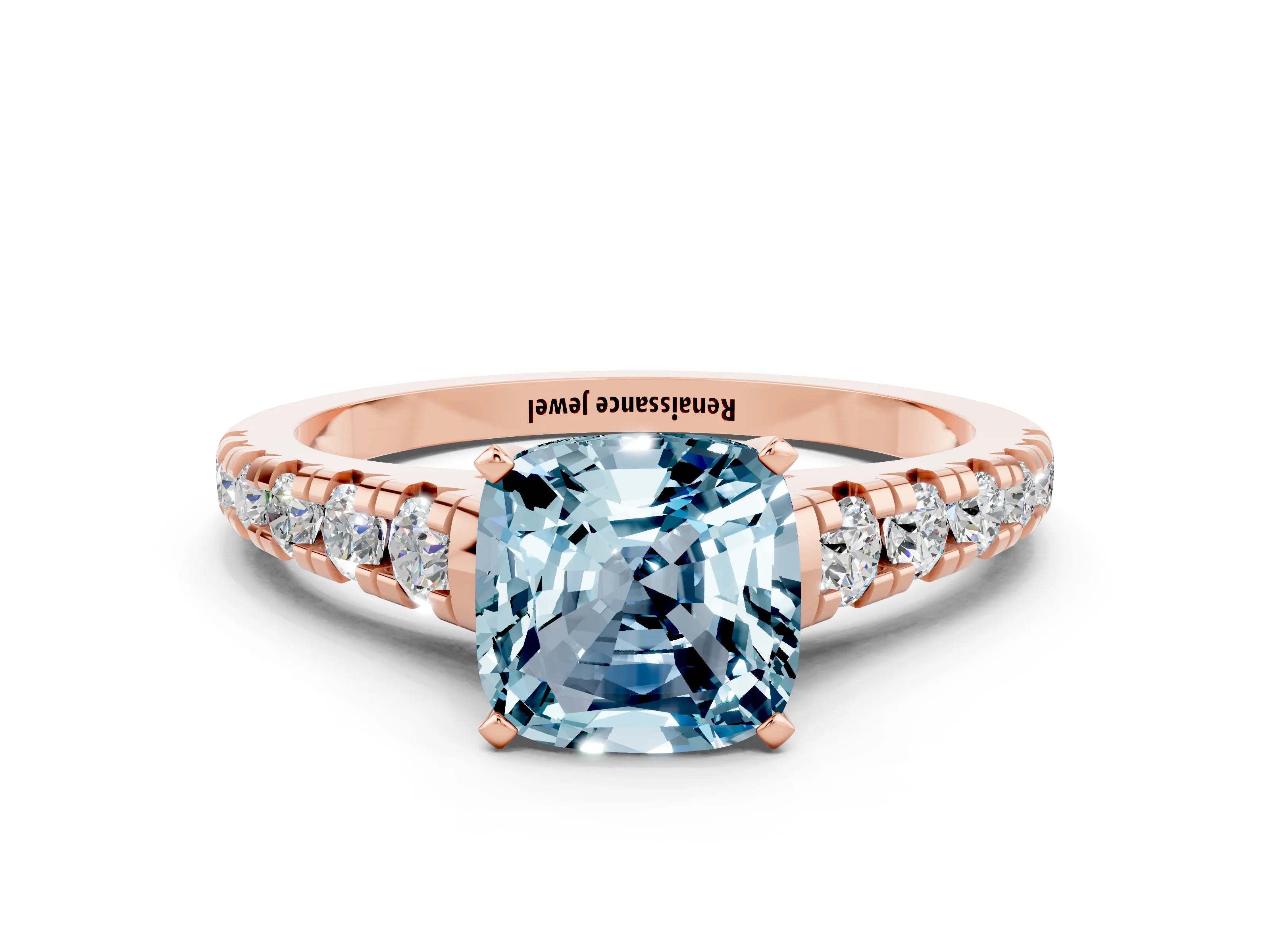 Rose gold Fancy White Cushion Cut Aquamarine Solitaire Ring with Cathedral Setting and Pavé Band