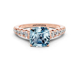 Rose gold Fancy White Cushion Cut Aquamarine Solitaire Ring with Cathedral Setting and Pavé Band
