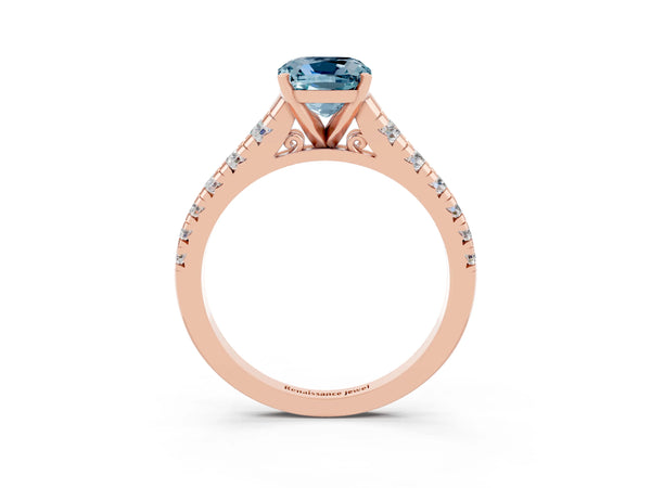 Rose gold Cushion Cut Aquamarine Cathedral Solitaire Ring with Round  Pavé Band