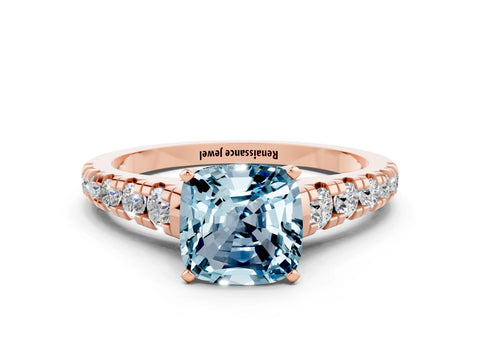 Rose gold Fancy White Cushion Cut Aquamarine Solitaire Ring with Cathedral Setting and Pavé Band