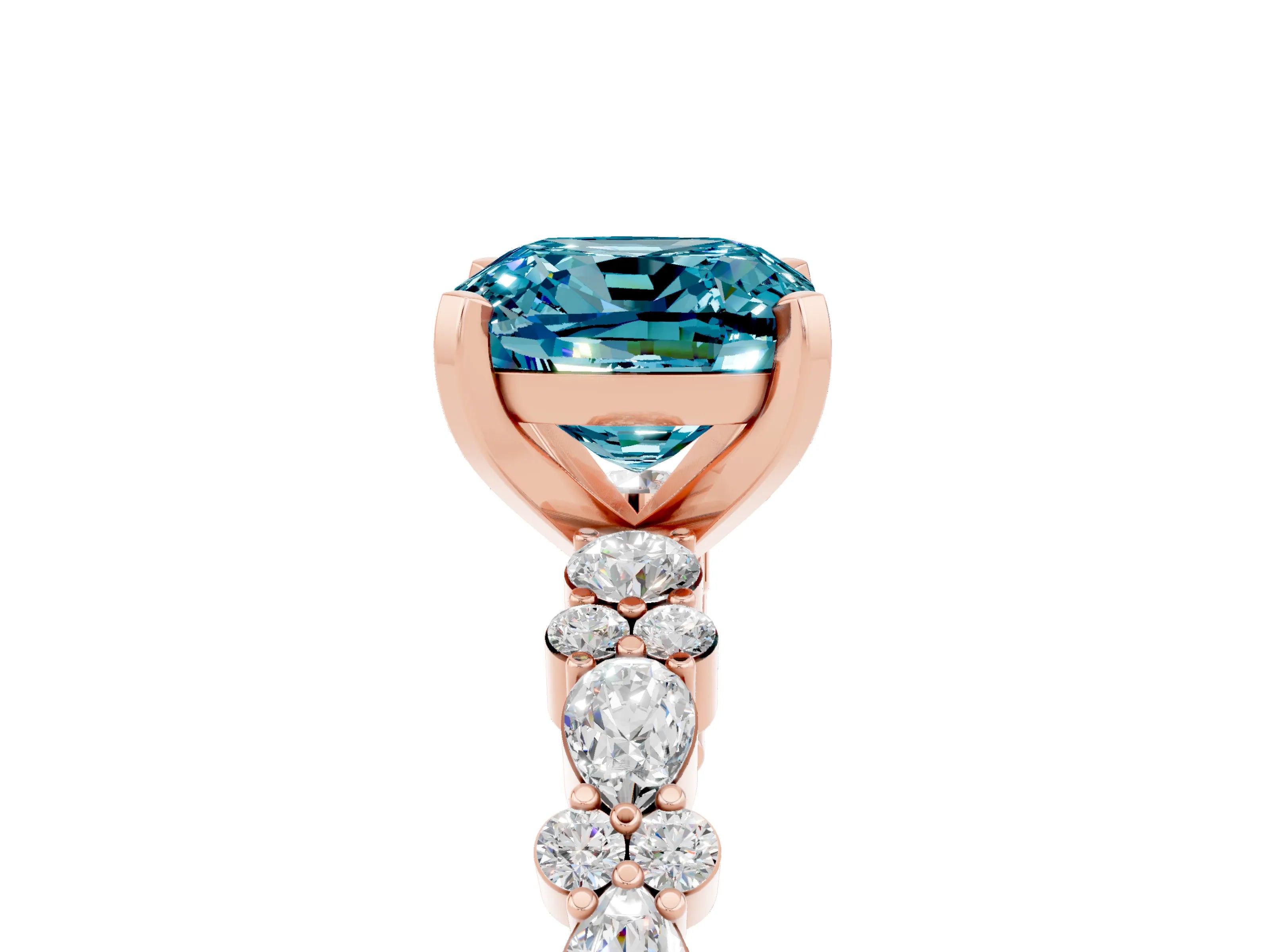Rose gold Fancy White Cushion Cut Blue Topaz Solitaire with Side Stones, Pave Band, Four-Prong Setting_17