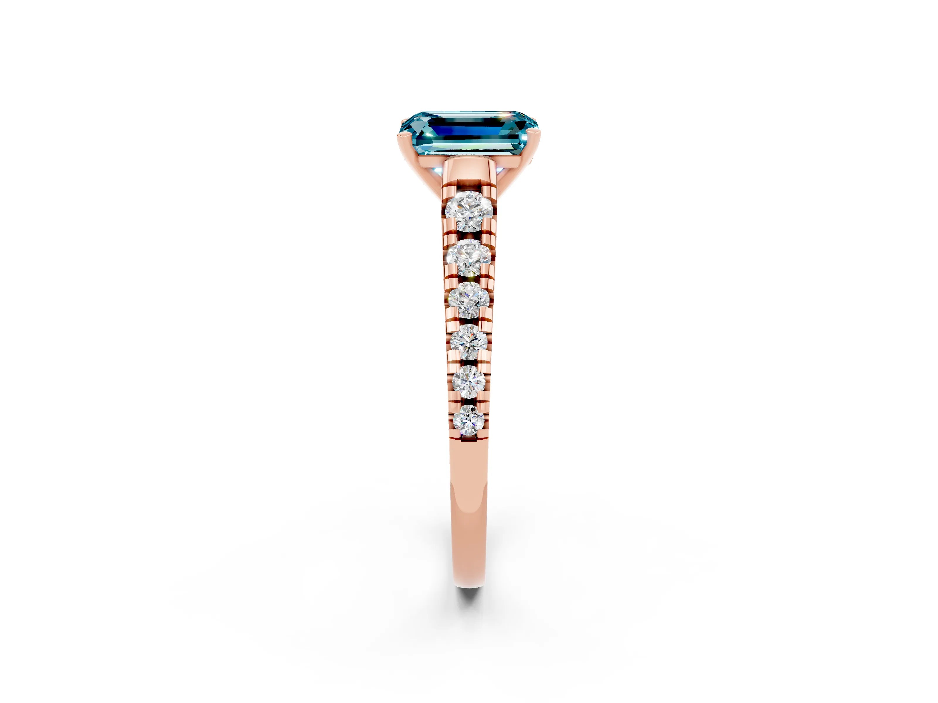 Rose gold Fancy White Emerald Cut Blue Topaz Solitaire Ring with Cathedral Setting and Pavé Band_2