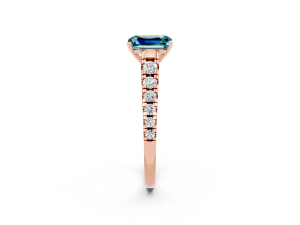 Rose gold Emerald Cut Blue Topaz Cathedral Solitaire Ring with Round  Pavé Band