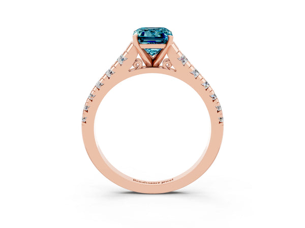 Rose gold Emerald Cut Blue Topaz Cathedral Solitaire Ring with Round  Pavé Band