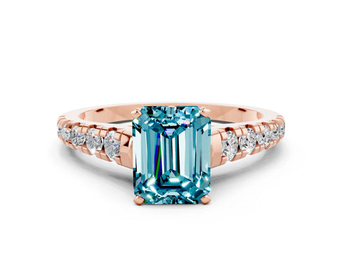Rose gold Fancy White Emerald Cut Blue Topaz Solitaire Ring with Cathedral Setting and Pavé Band
