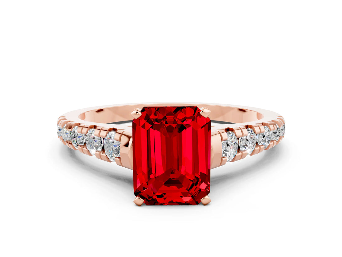 Rose gold Fancy White Emerald Cut Ruby Solitaire Ring with Cathedral Setting and Pavé Band