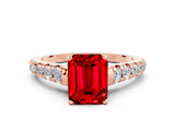 Rose gold Fancy White Emerald Cut Ruby Solitaire Ring with Cathedral Setting and Pavé Band