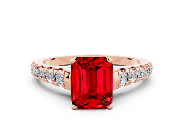 Rose gold Emerald Cut Ruby Cathedral Solitaire Ring with Round  Pavé Band