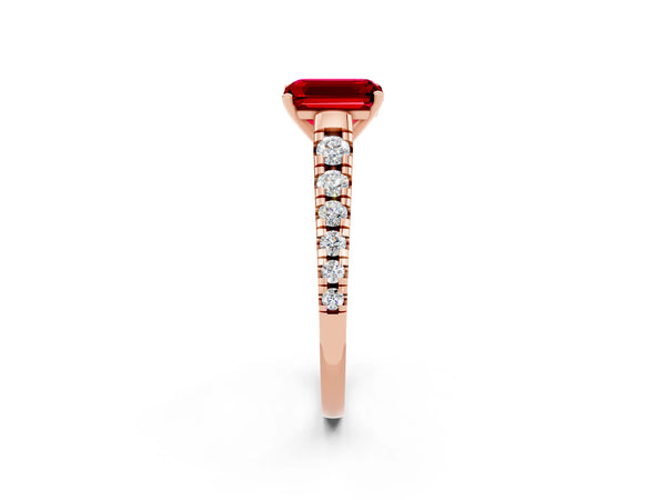 Rose gold Emerald Cut Ruby Cathedral Solitaire Ring with Round  Pavé Band