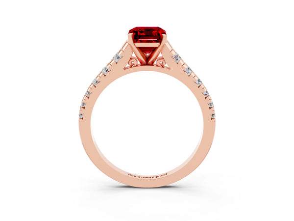 Rose gold Emerald Cut Ruby Cathedral Solitaire Ring with Round  Pavé Band
