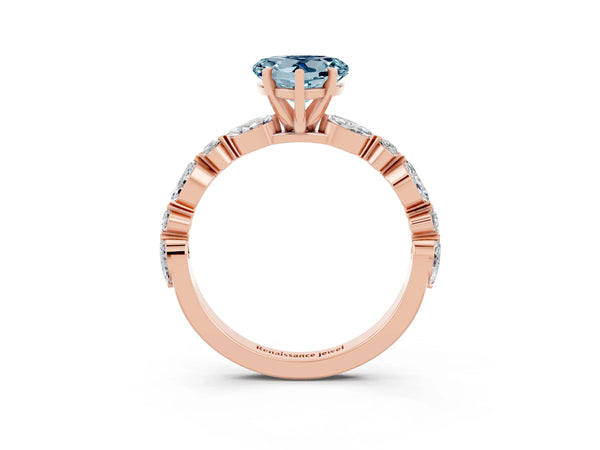 Rose gold Heart Cut Aquamarine Ring with Marquise and Round  Side Stones and Four-Prong Setting