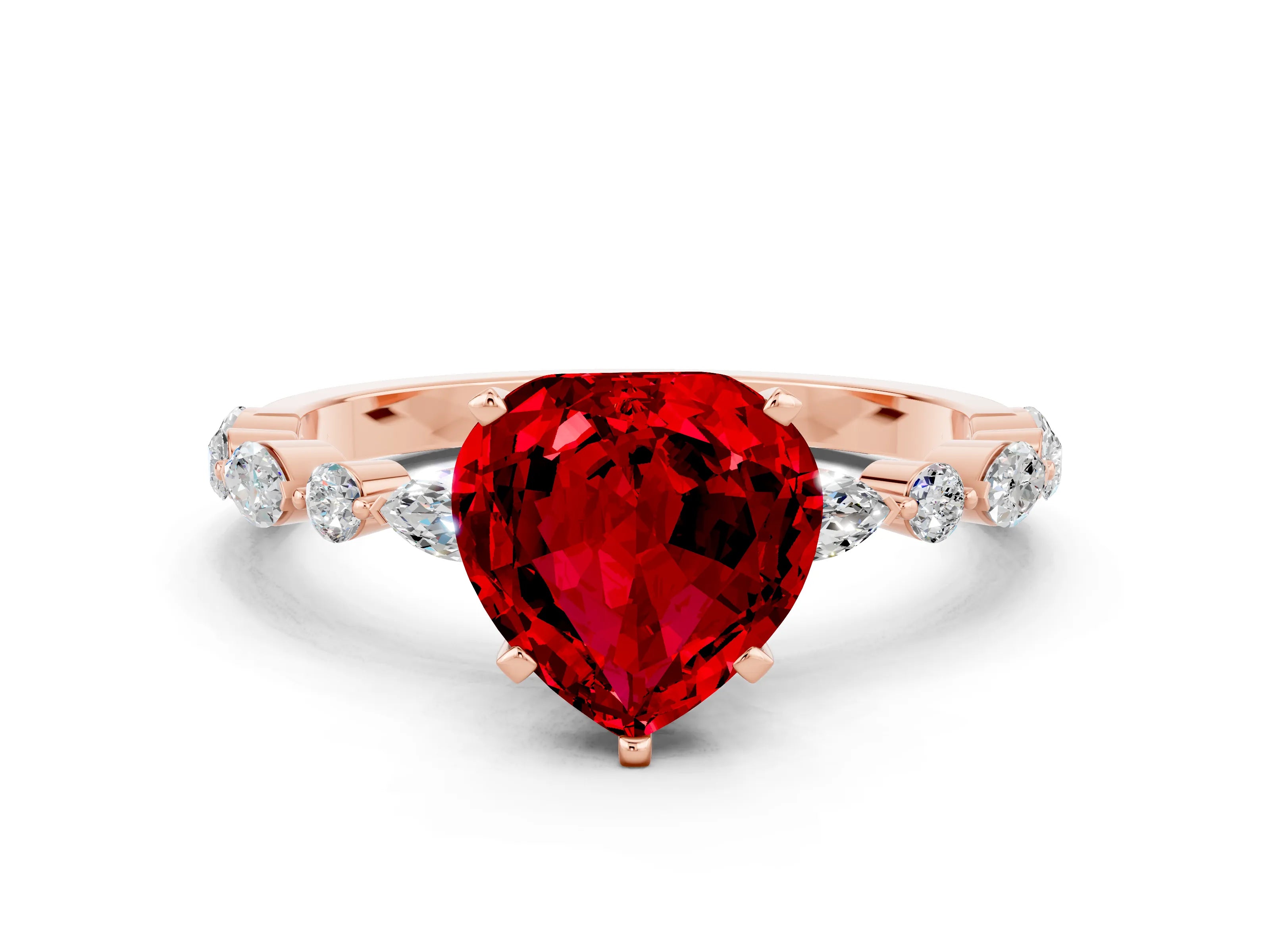 Rose gold Fancy White Heart Cut Ruby Solitaire with Side Stones on a Pavé Band and Four-Prong Setting