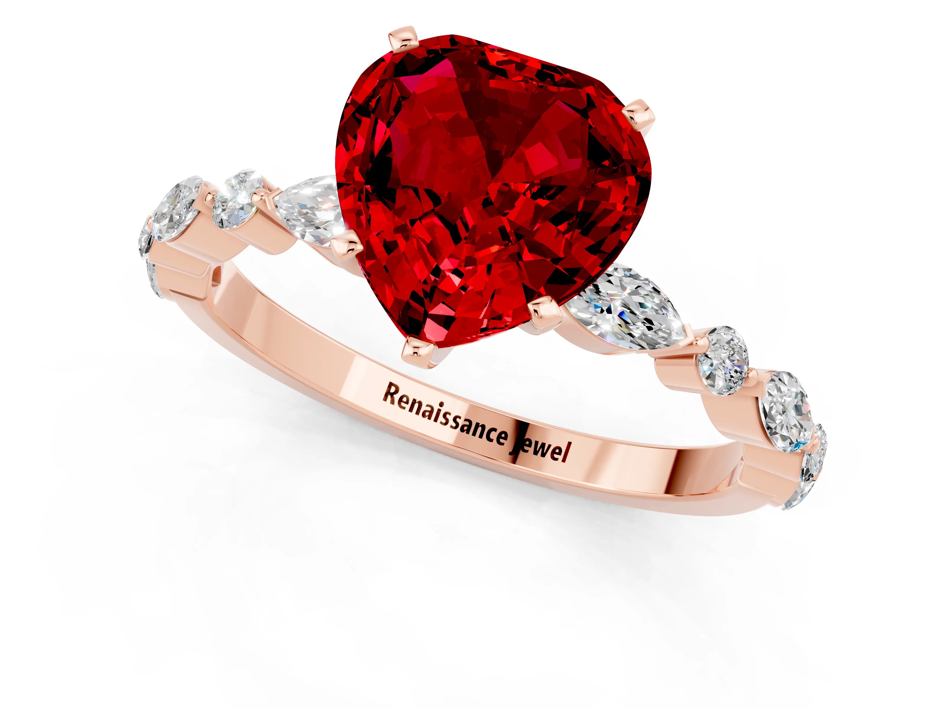 Rose gold Fancy White Heart Cut Ruby Solitaire with Side Stones on a Pavé Band and Four-Prong Setting_1