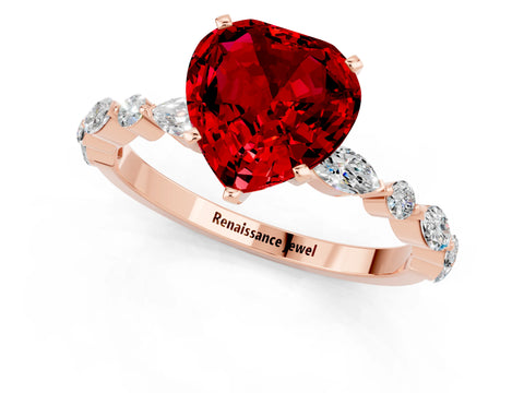 Rose gold Fancy White Heart Cut Ruby Solitaire with Side Stones on a Pavé Band and Four-Prong Setting_1