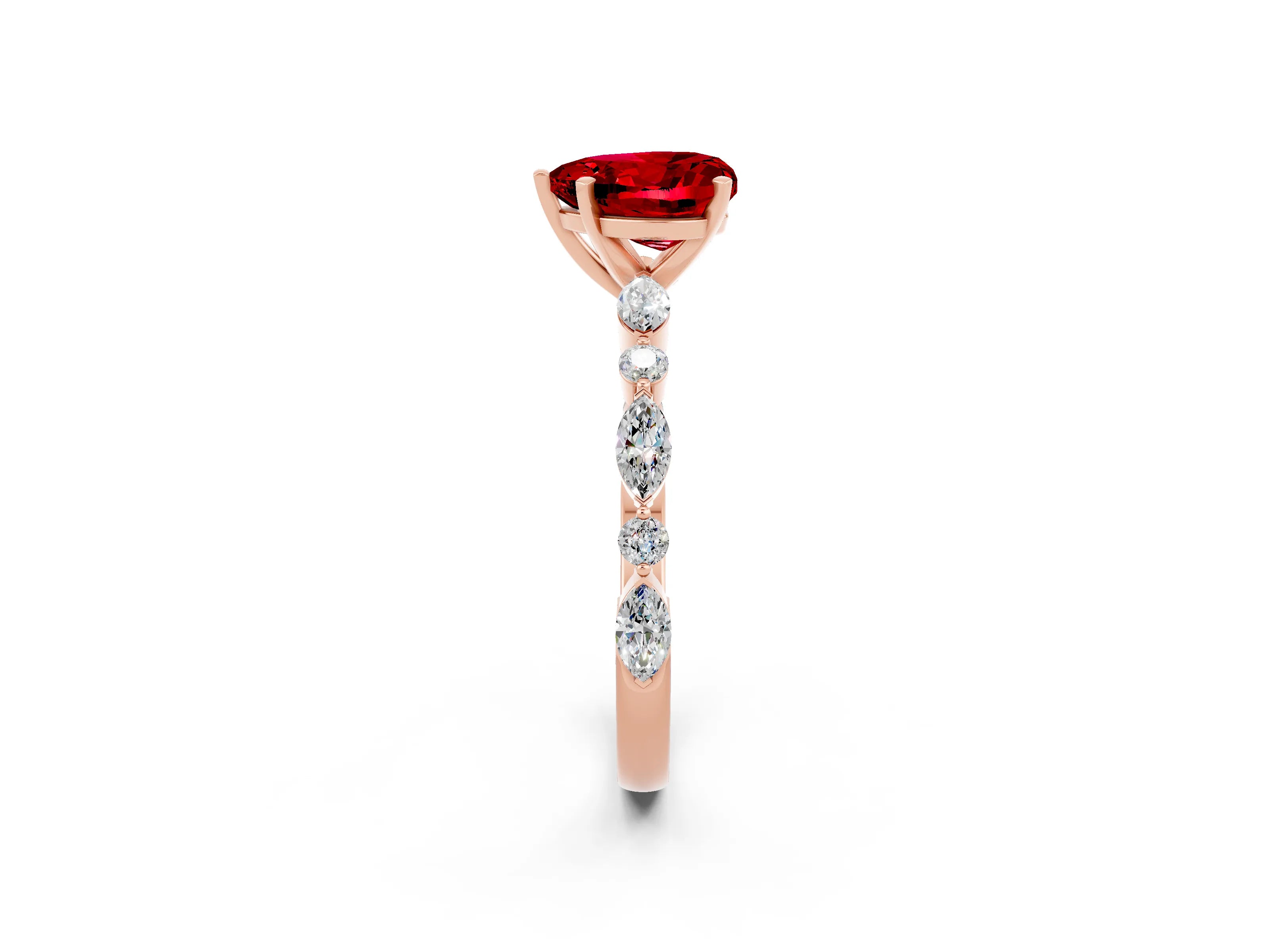 Rose gold Fancy White Heart Cut Ruby Solitaire with Side Stones on a Pavé Band and Four-Prong Setting_2