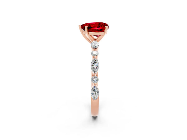 Rose gold Heart Cut Ruby Ring with Marquise and Round  Side Stones and Four-Prong Setting