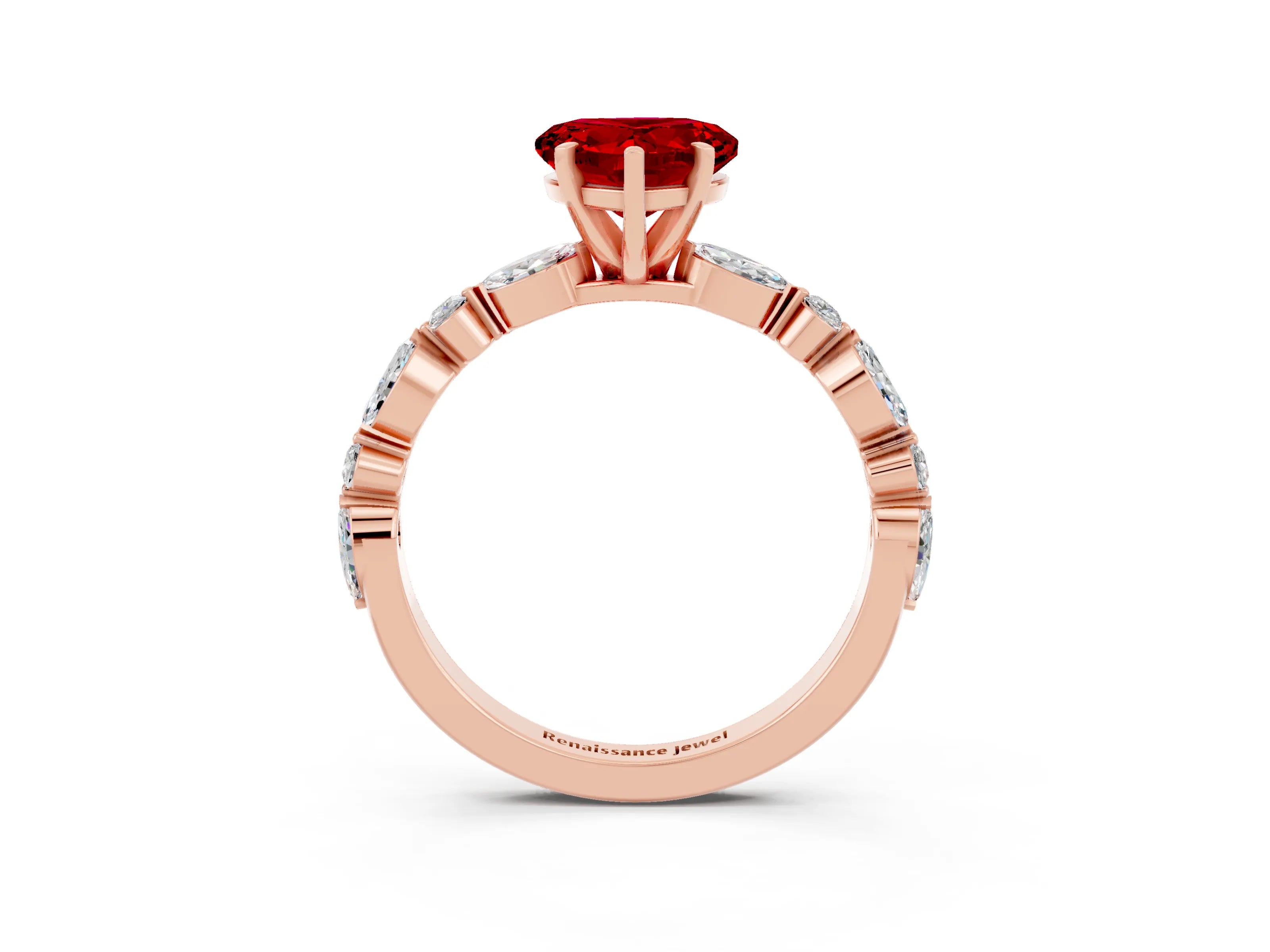 Rose gold Fancy White Heart Cut Ruby Solitaire with Side Stones on a Pavé Band and Four-Prong Setting_3