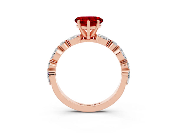 Rose gold Heart Cut Ruby Ring with Marquise and Round  Side Stones and Four-Prong Setting