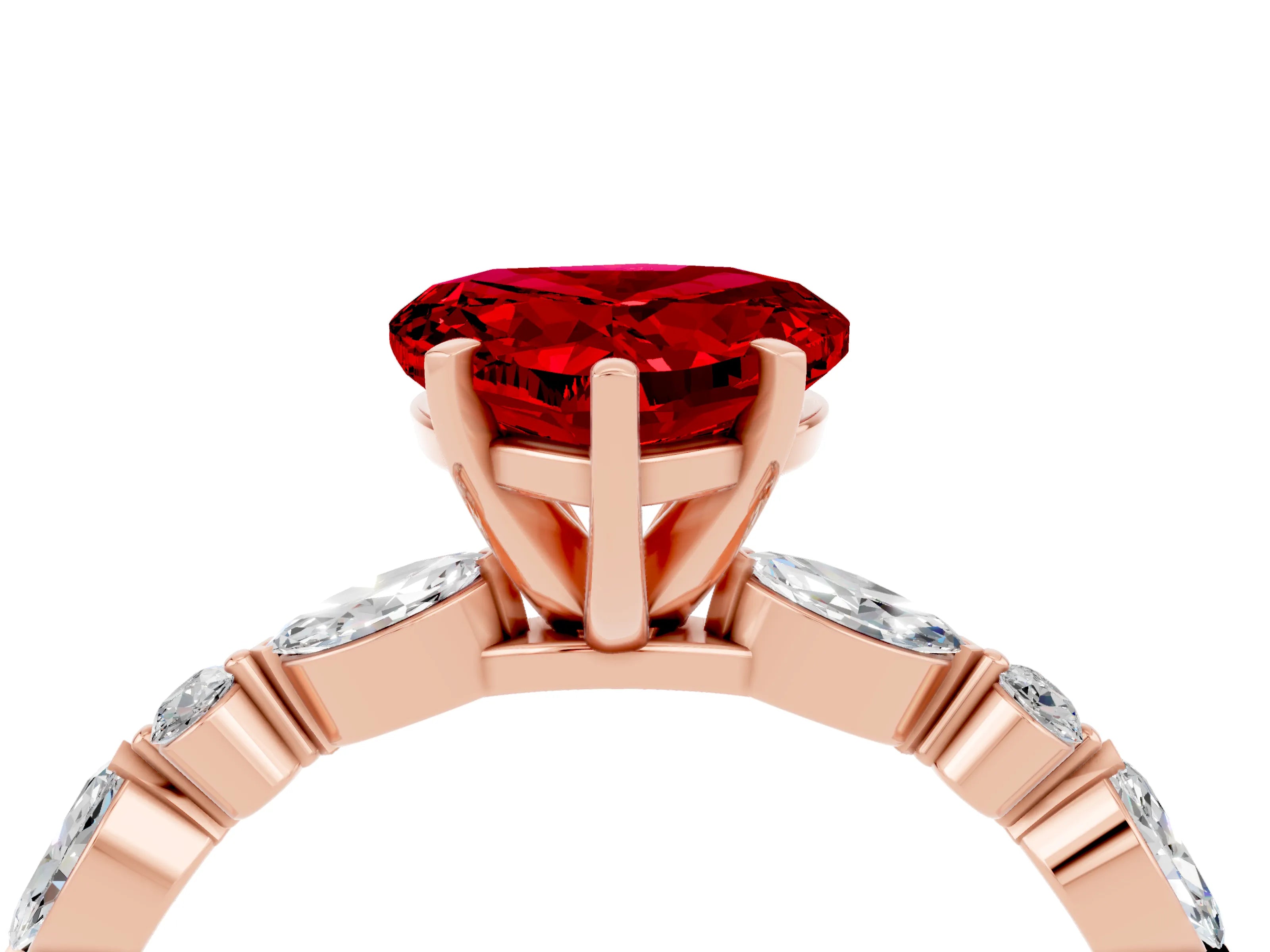 Rose gold Fancy White Heart Cut Ruby Solitaire with Side Stones on a Pavé Band and Four-Prong Setting_4