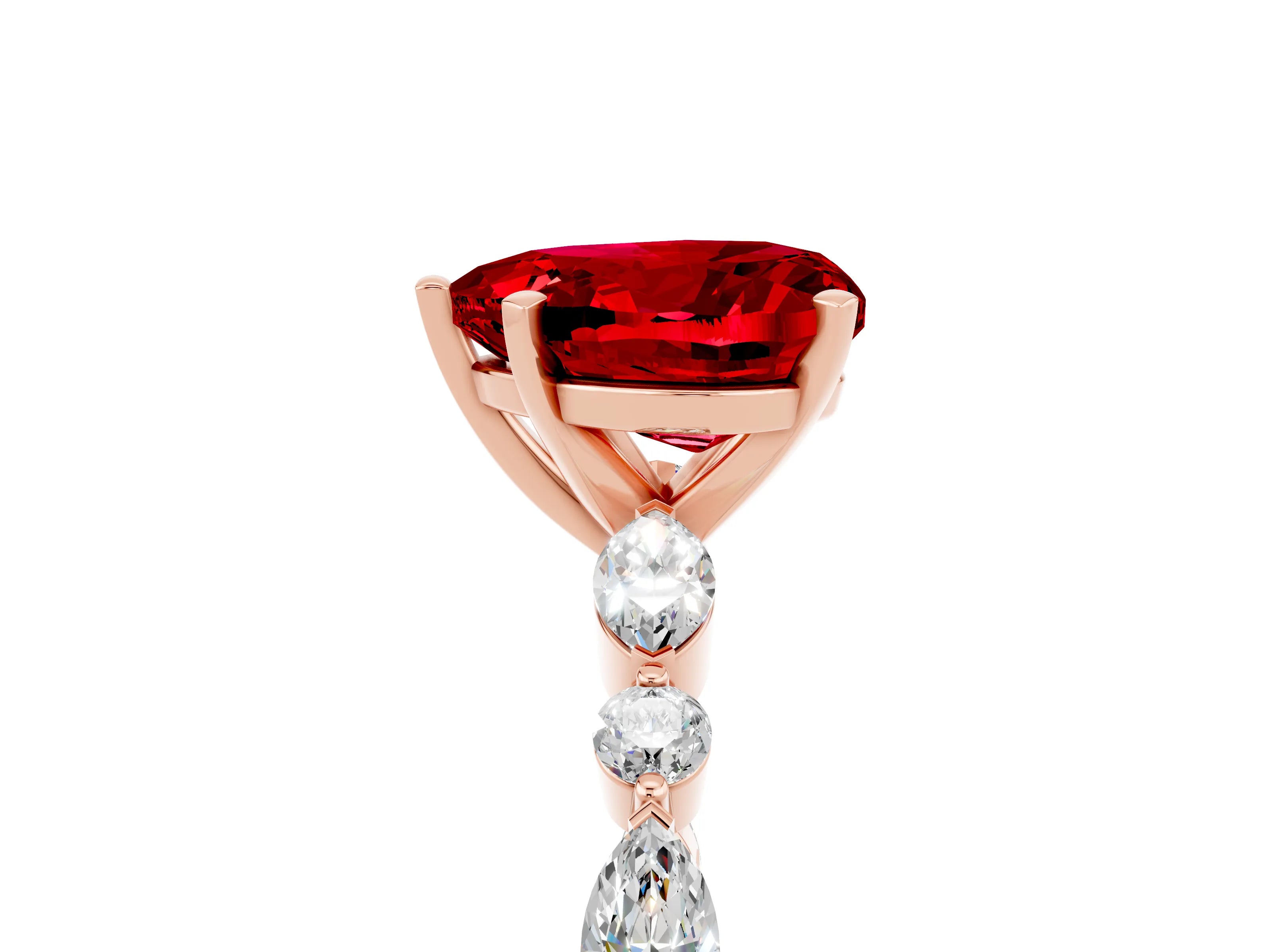 Rose gold Fancy White Heart Cut Ruby Solitaire with Side Stones on a Pavé Band and Four-Prong Setting_5