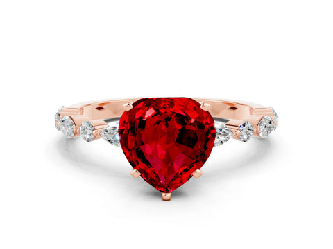 Rose gold Fancy White Heart Cut Ruby Solitaire with Side Stones on a Pavé Band and Four-Prong Setting